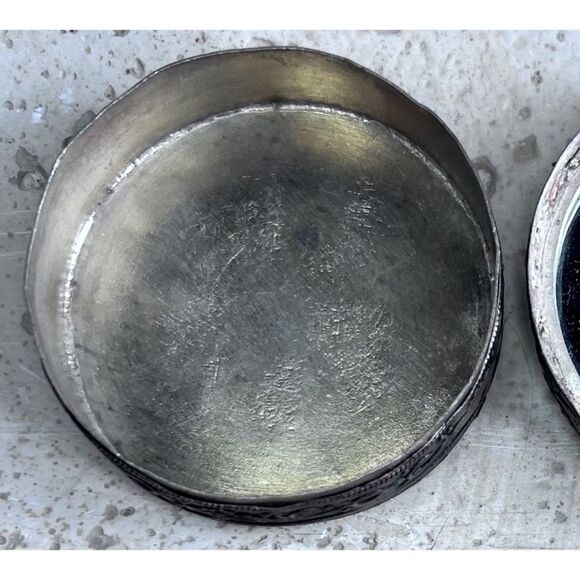 Asian Pewter Pill Case with Mirror Asian woman Sitting on Bench - Picture 5 of 9